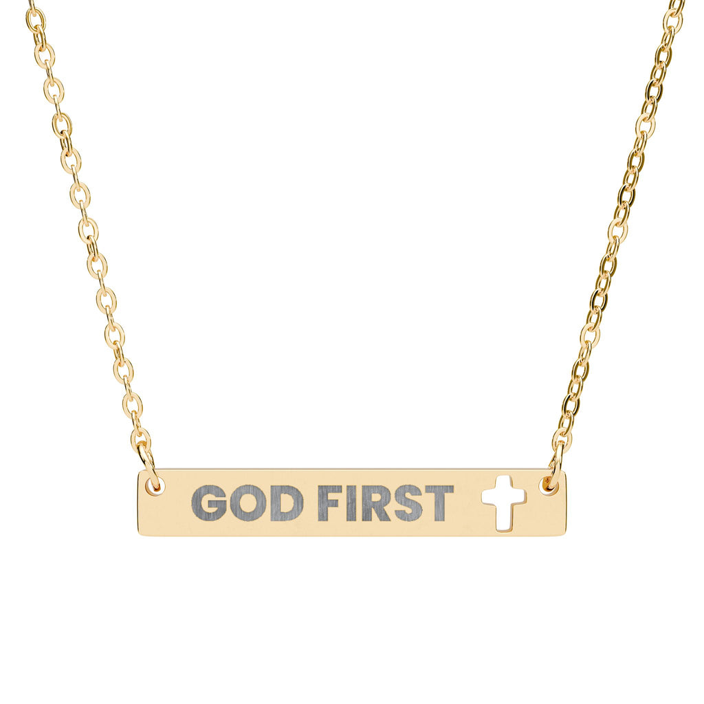 GOD FIRST Engraved Cross Bar Necklace, Faith Jewelry, God First Pendant, Christian Gift, Spiritual Accessory, Religious Necklace