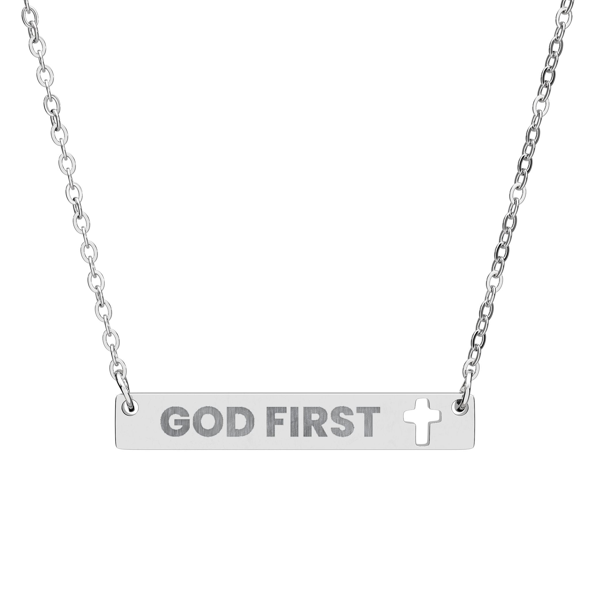 GOD FIRST Engraved Cross Bar Necklace, Faith Jewelry, God First Pendant, Christian Gift, Spiritual Accessory, Religious Necklace