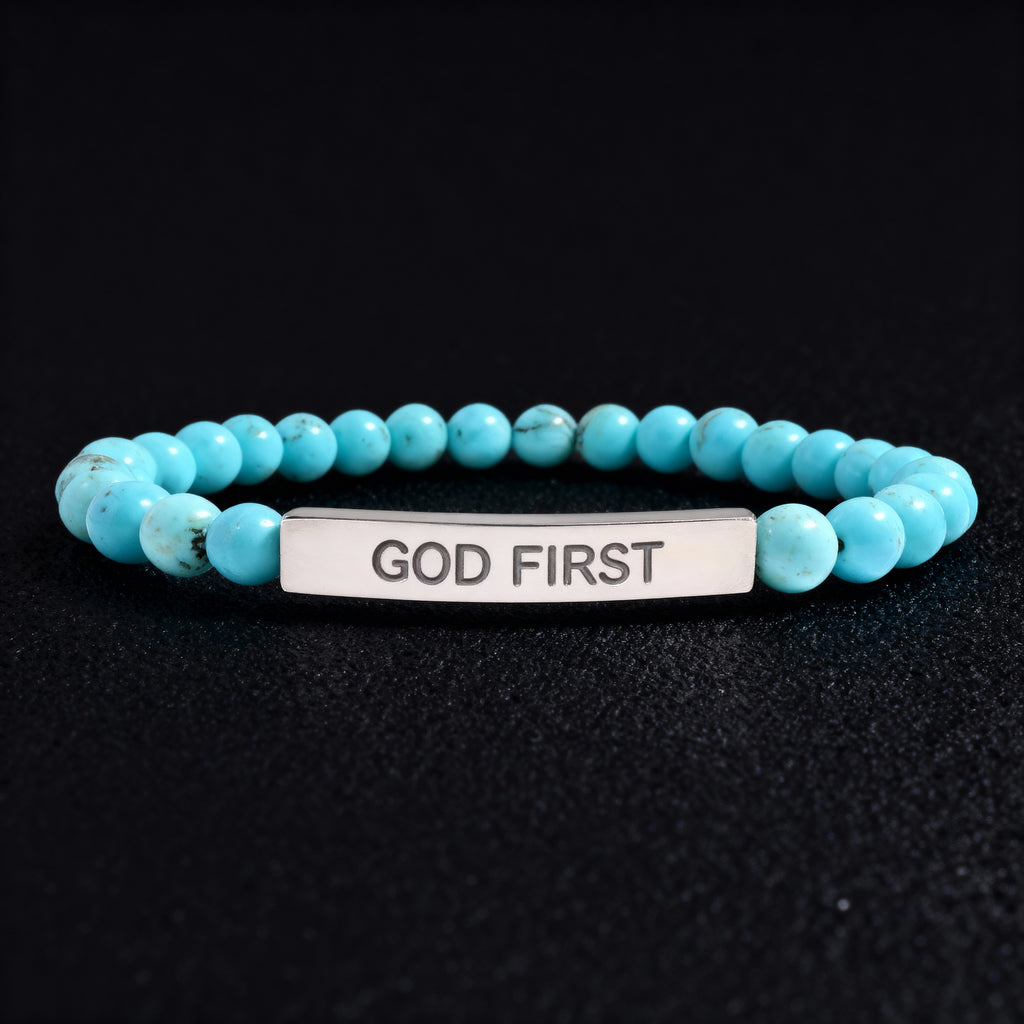 Natural Stone Stretch Bar Bracelet - Engraved 'God First', Spiritual Jewelry, Meaningful Gift, Faith Accessory, Motivational Bracelet