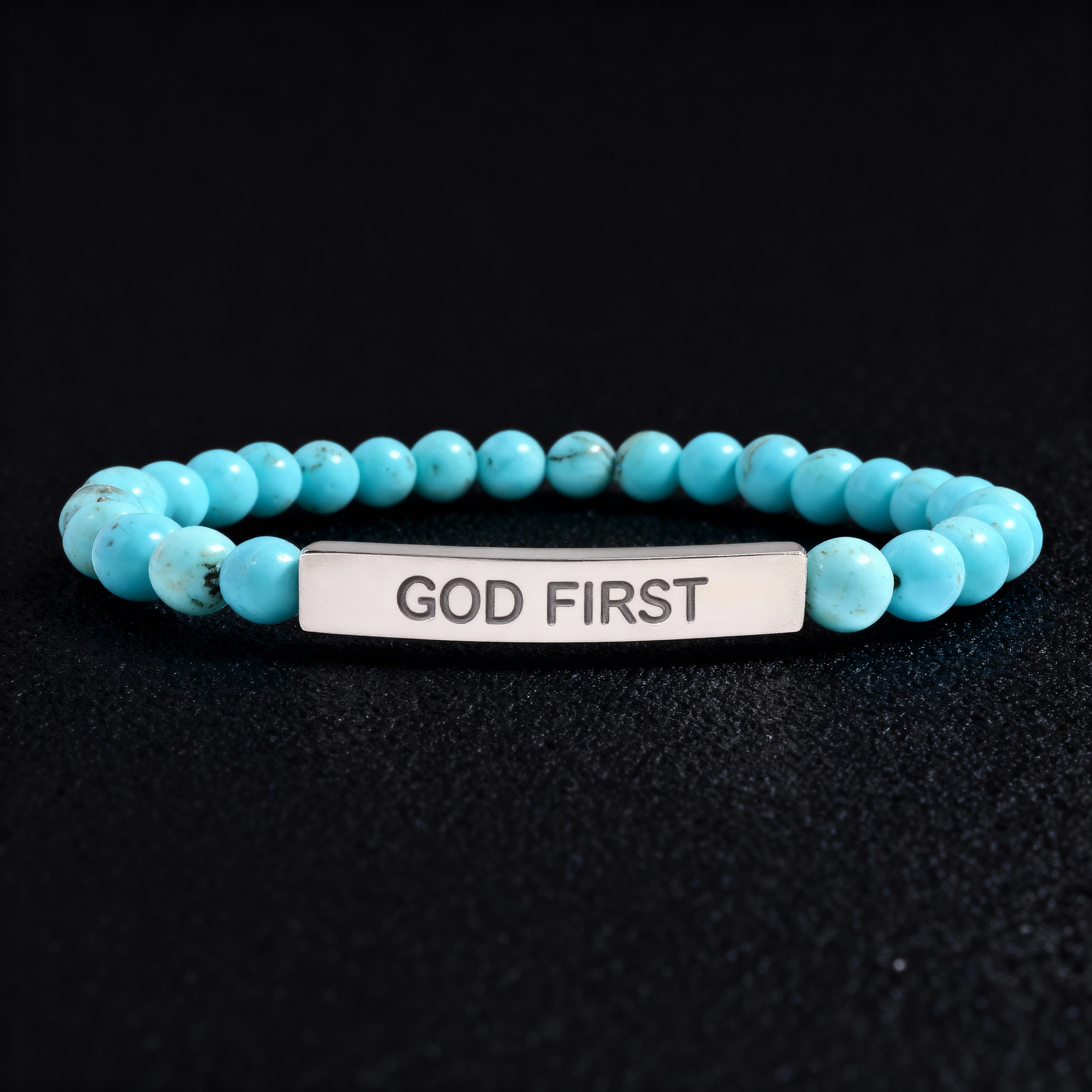 Natural Stone Stretch Bar Bracelet - Engraved 'God First', Spiritual Jewelry, Meaningful Gift, Faith Accessory, Motivational Bracelet