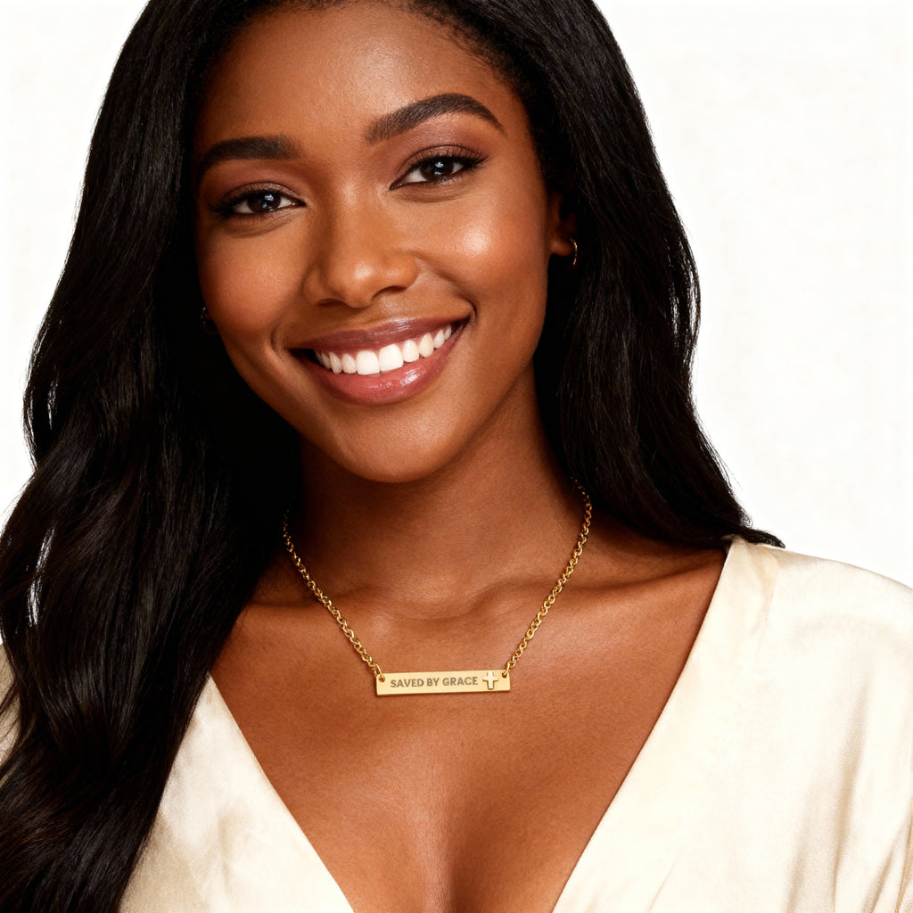 SAVED BY GRACE - Engraved Cross Bar Necklace - Faith Jewelry, Spiritual Gift, Christian Necklace, Personalized Gift, Religious Jewelry