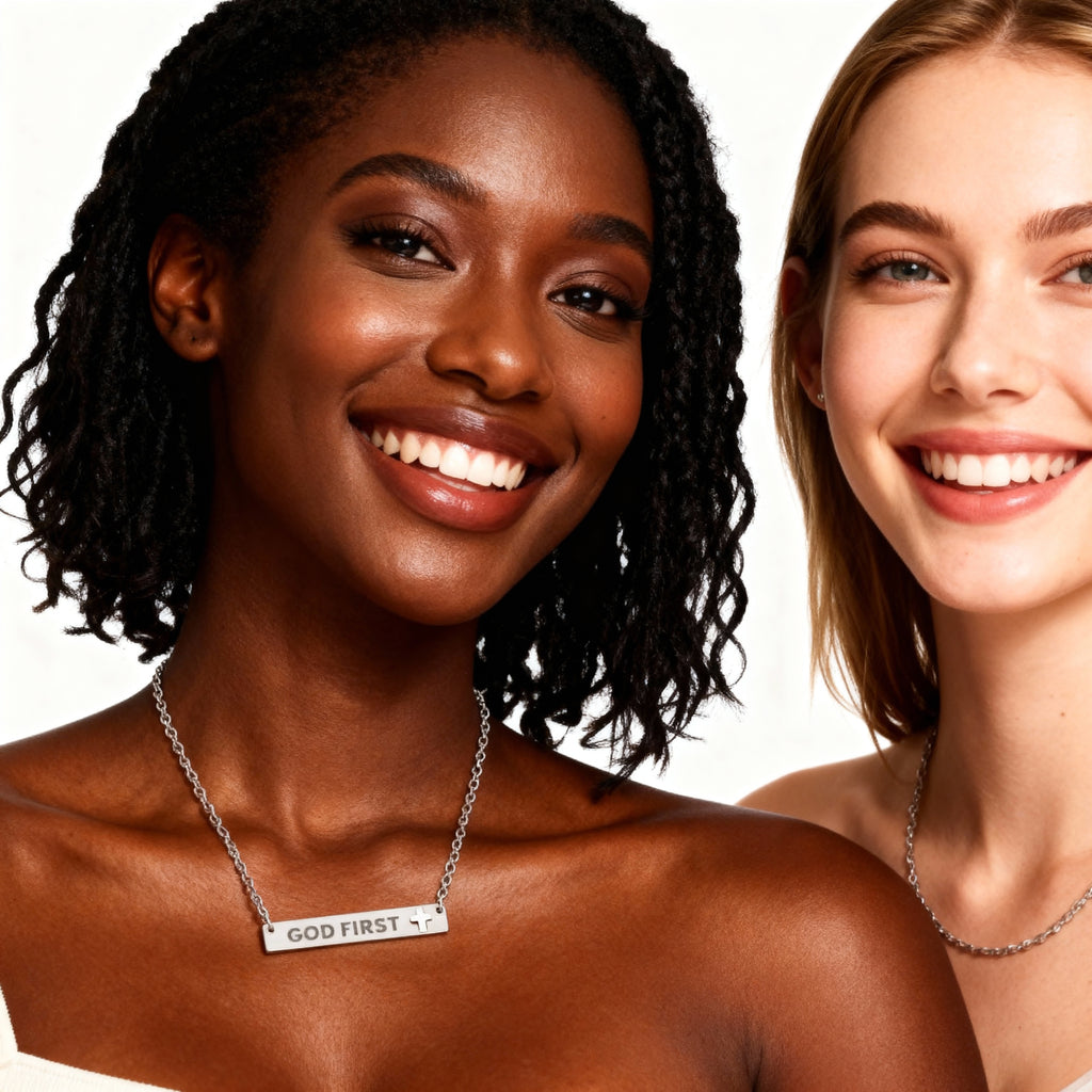 GOD FIRST Engraved Cross Bar Necklace, Faith Jewelry, God First Pendant, Christian Gift, Spiritual Accessory, Religious Necklace